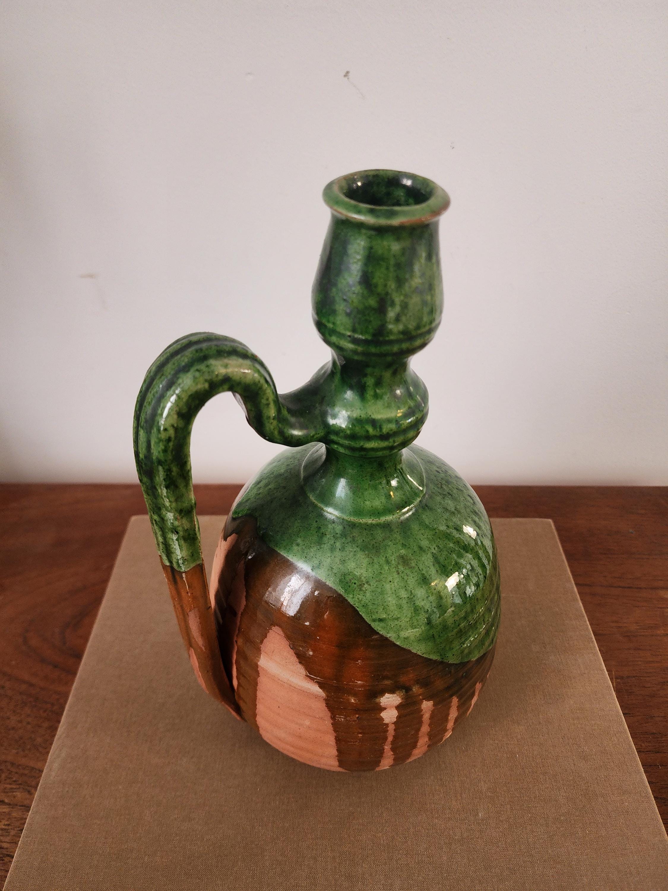 Vintage Studio Pottery Jug, Green Glazed Ceramic Pitcher, Rustic Handmade Stoneware Vessel, Wabi Sabi Decor