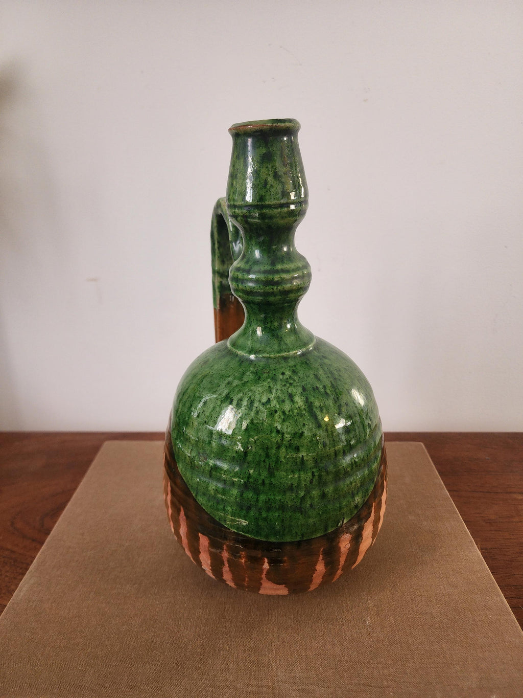 Vintage Studio Pottery Jug, Green Glazed Ceramic Pitcher, Rustic Handmade Stoneware Vessel, Wabi Sabi Decor