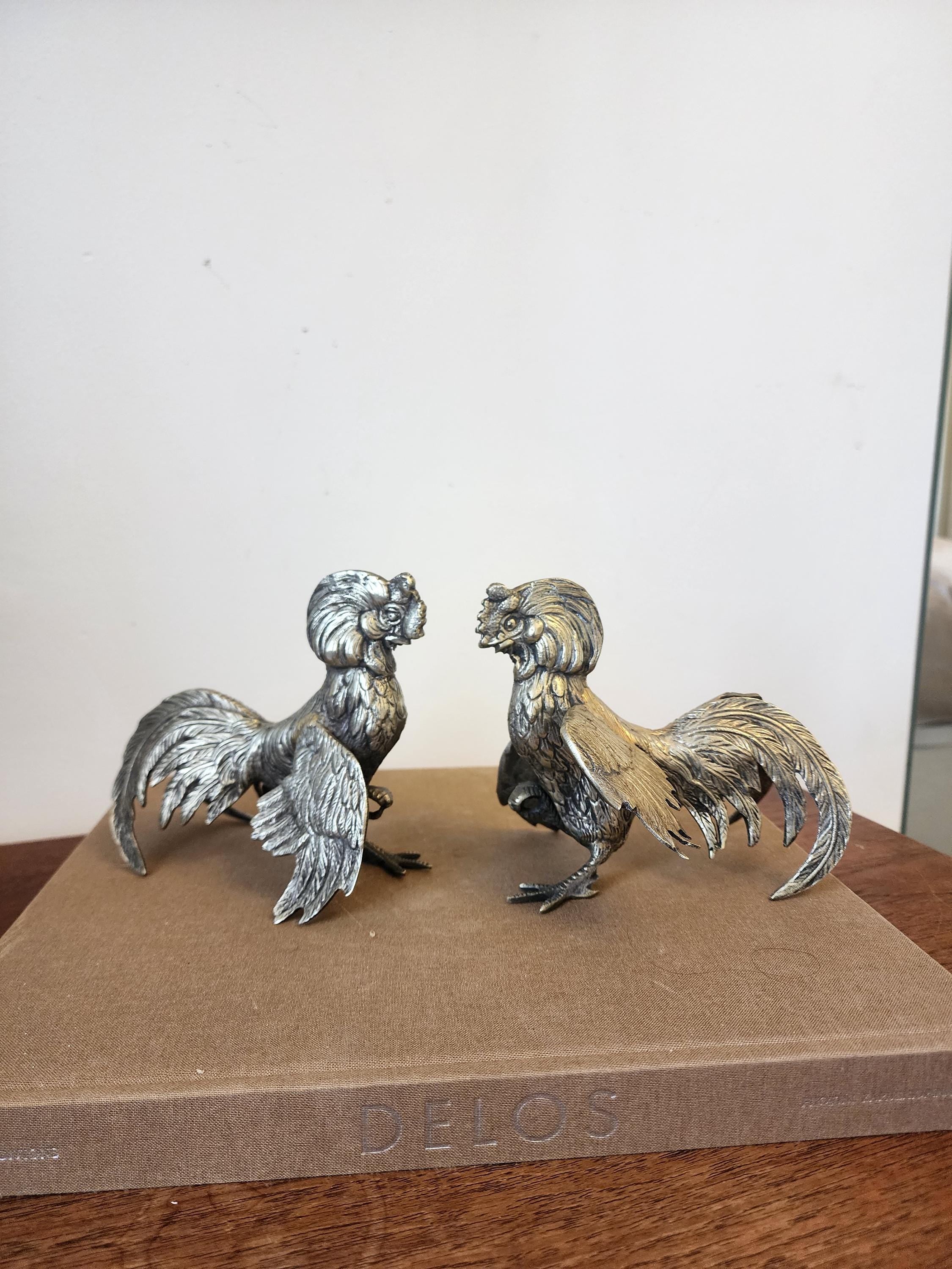 Vintage silver plated fighting Rooster Figurines Pair, Silver Tone Fighting Cockerels Sculptures, Farmhouse Country Animal Decor
