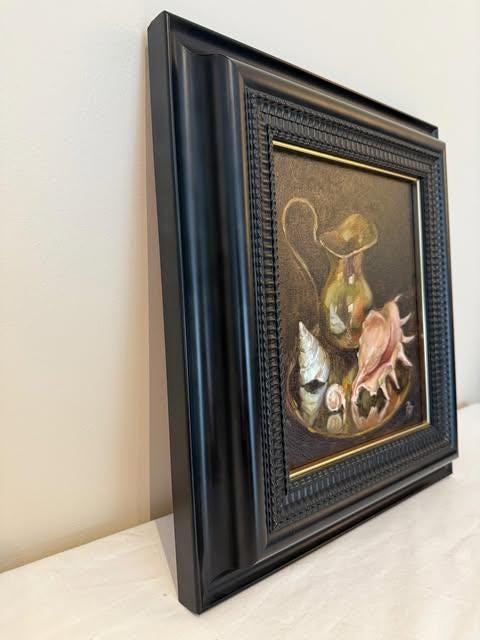 Original Still Life Oil Painting with Shells, Signed Polina Parova 2025, Framed Contemporary Art, Dark Moody Wall Art