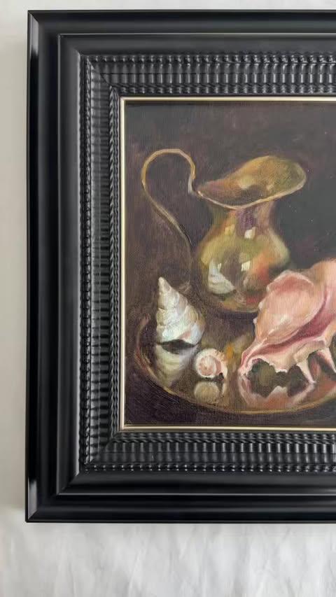 Original Still Life Oil Painting with Shells, Signed Polina Parova 2025, Framed Contemporary Art, Dark Moody Wall Art