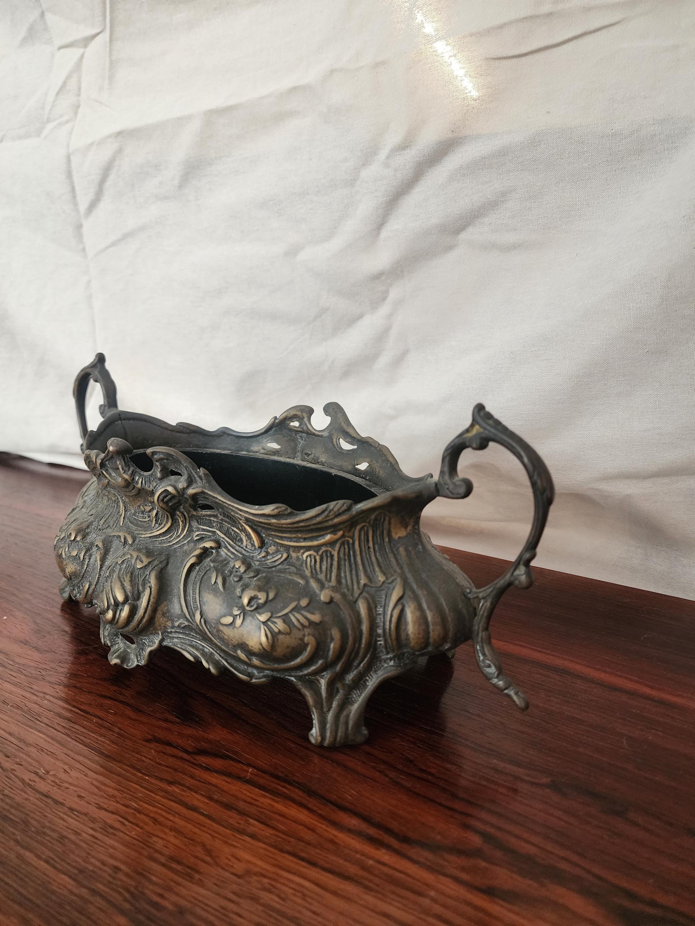 Antique French Art Nouveau Jardinière | Ornate Cast Metal Centerpiece with Liner | Floral Rococo Revival Planter