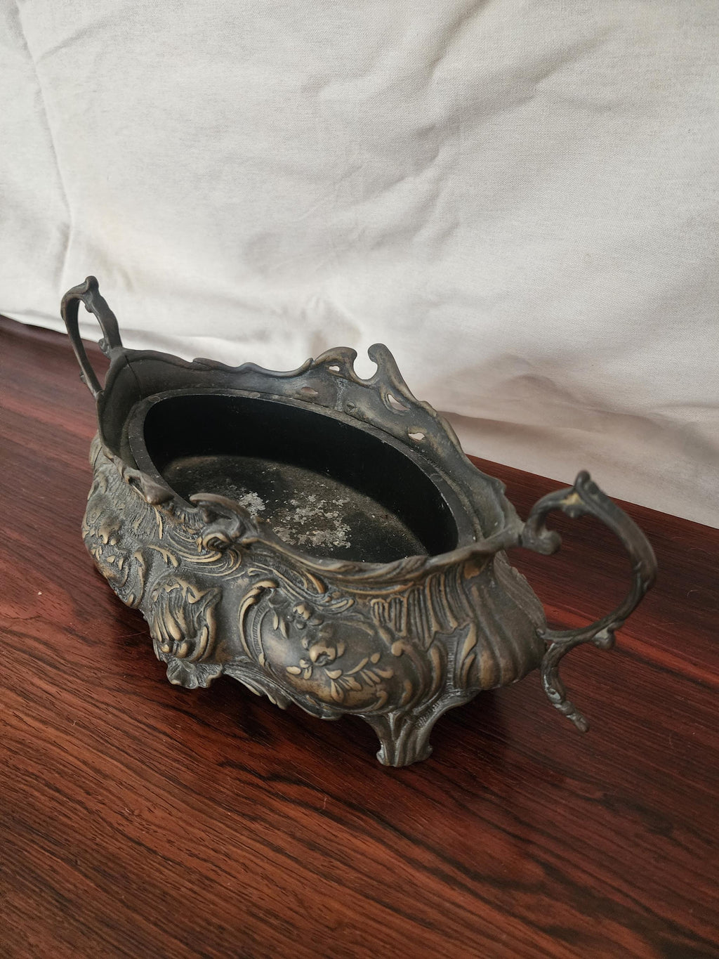 Antique French Art Nouveau Jardinière | Ornate Cast Metal Centerpiece with Liner | Floral Rococo Revival Planter