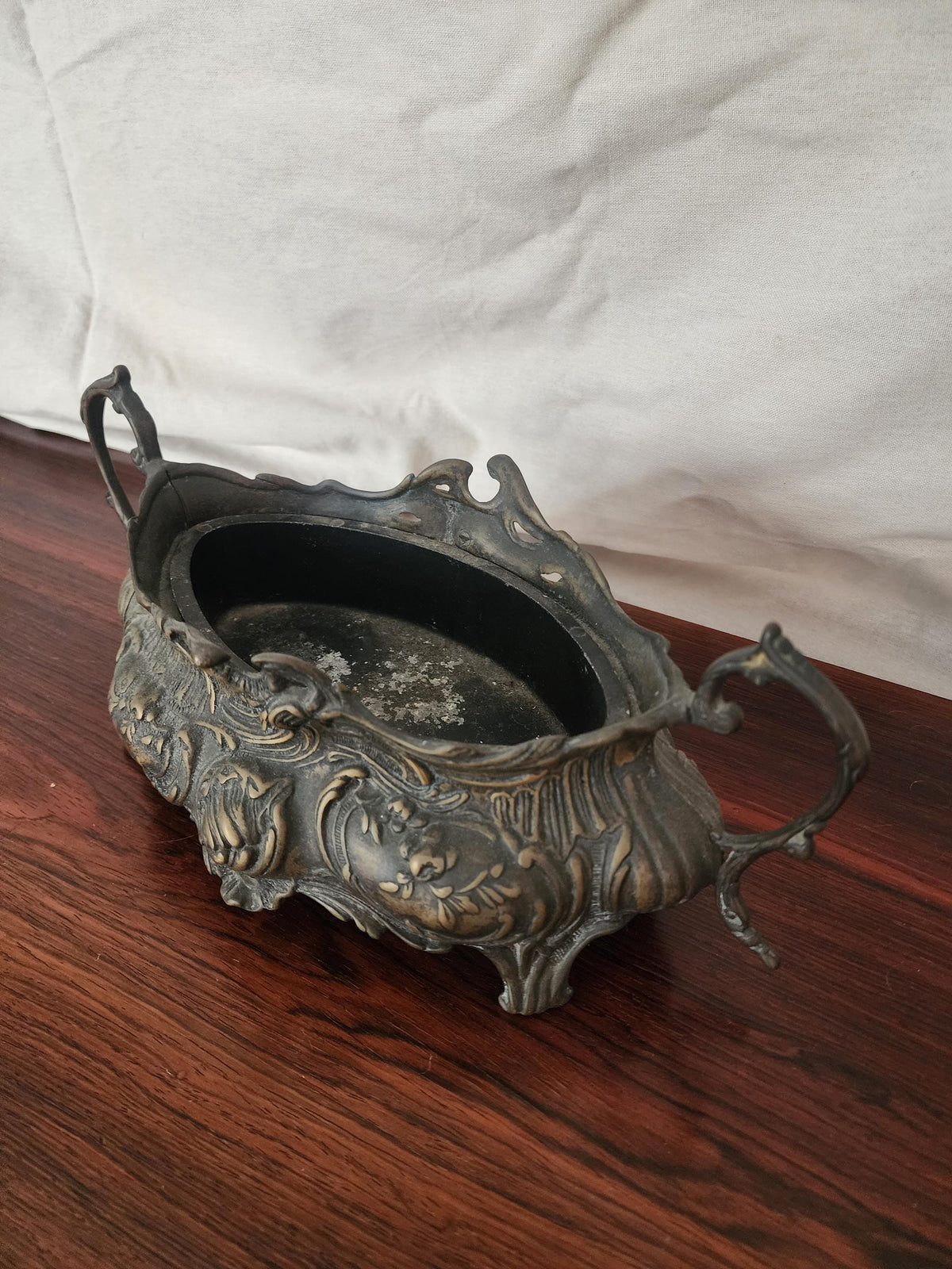 Antique French Art Nouveau Jardinière | Ornate Cast Metal Centerpiece with Liner | Floral Rococo Revival Planter