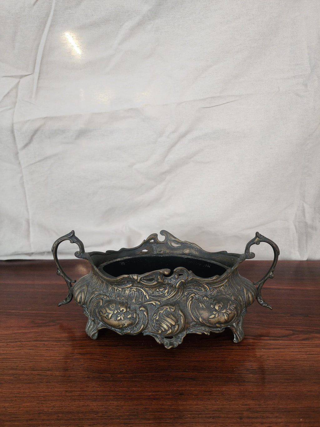 Antique French Art Nouveau Jardinière | Ornate Cast Metal Centerpiece with Liner | Floral Rococo Revival Planter