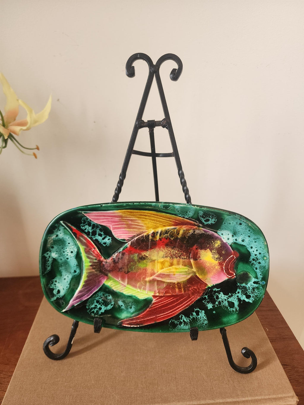 Vintage French Mid-Century Porcelain Plate | 1970s Hand-Painted Fish Design | Vallauris-Style Modernist Wall Art