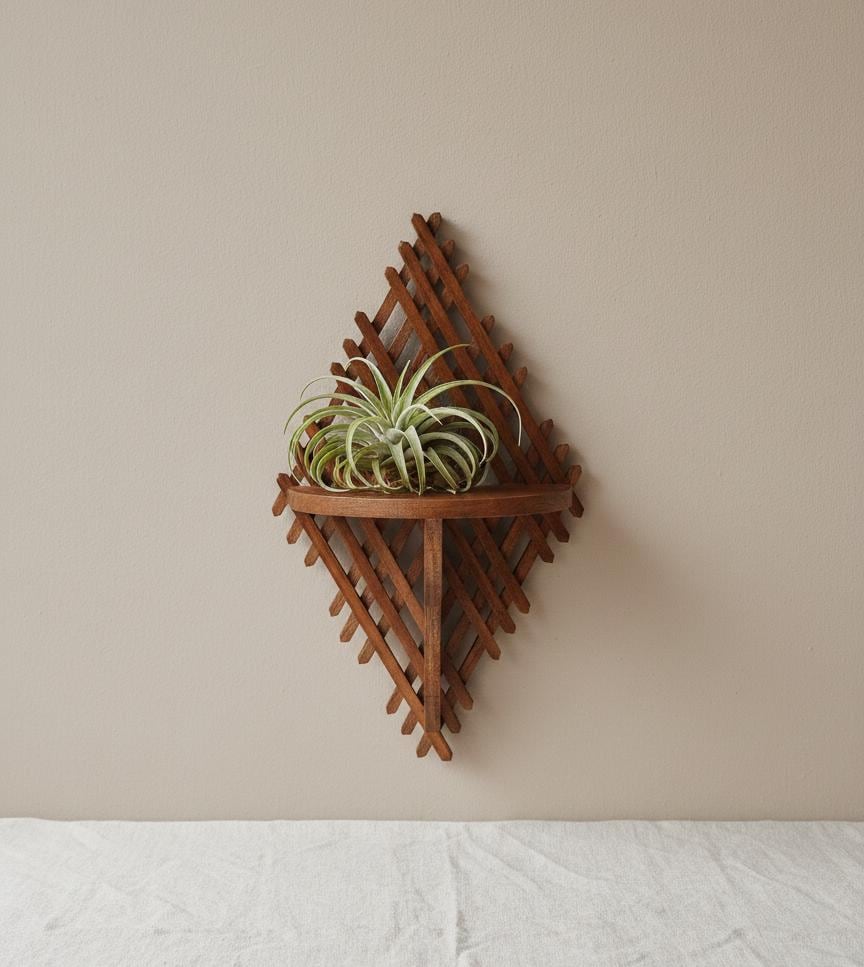 Vintage Wooden Wall Shelf | Handcrafted Lattice Wall Bracket | Mid-Century Scandinavian Folk Art Display Shelf