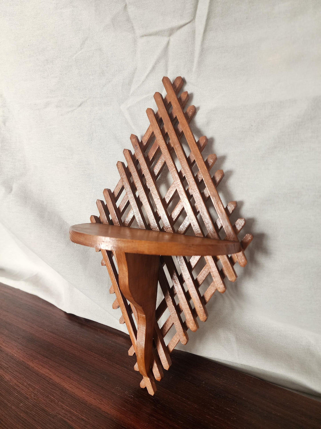 Vintage Wooden Wall Shelf | Handcrafted Lattice Wall Bracket | Mid-Century Scandinavian Folk Art Display Shelf