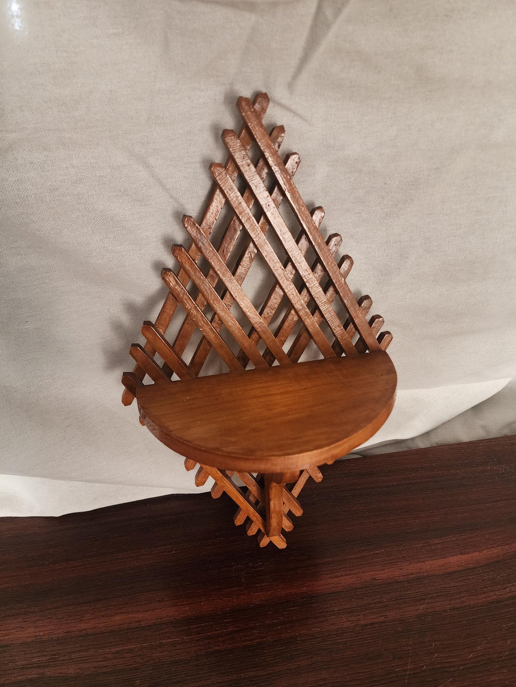 Vintage Wooden Wall Shelf | Handcrafted Lattice Wall Bracket | Mid-Century Scandinavian Folk Art Display Shelf