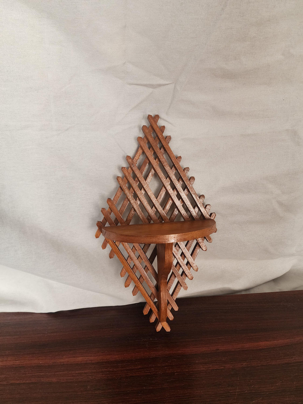 Vintage Wooden Wall Shelf | Handcrafted Lattice Wall Bracket | Mid-Century Scandinavian Folk Art Display Shelf