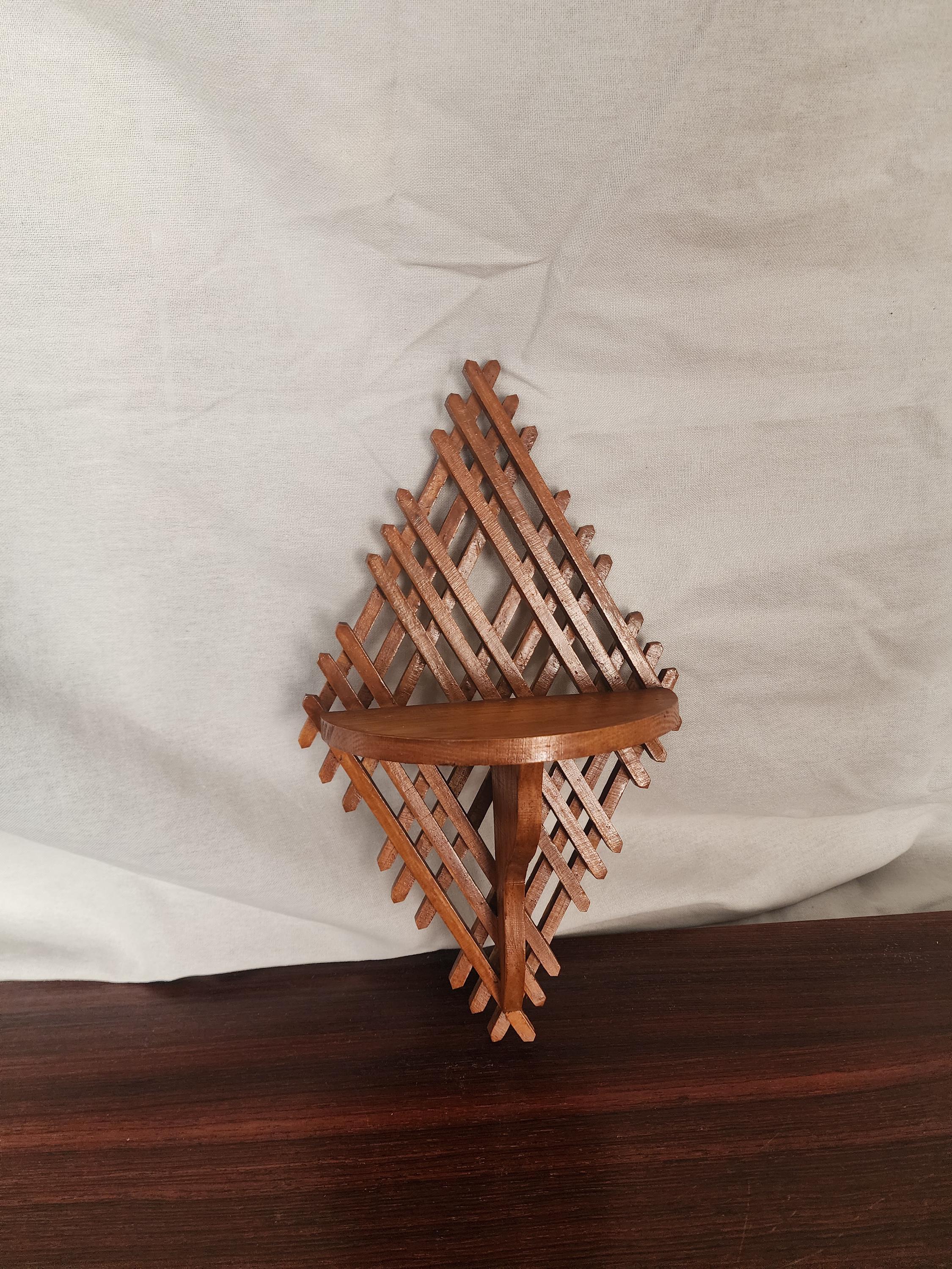 Vintage Wooden Wall Shelf | Handcrafted Lattice Wall Bracket | Mid-Century Scandinavian Folk Art Display Shelf