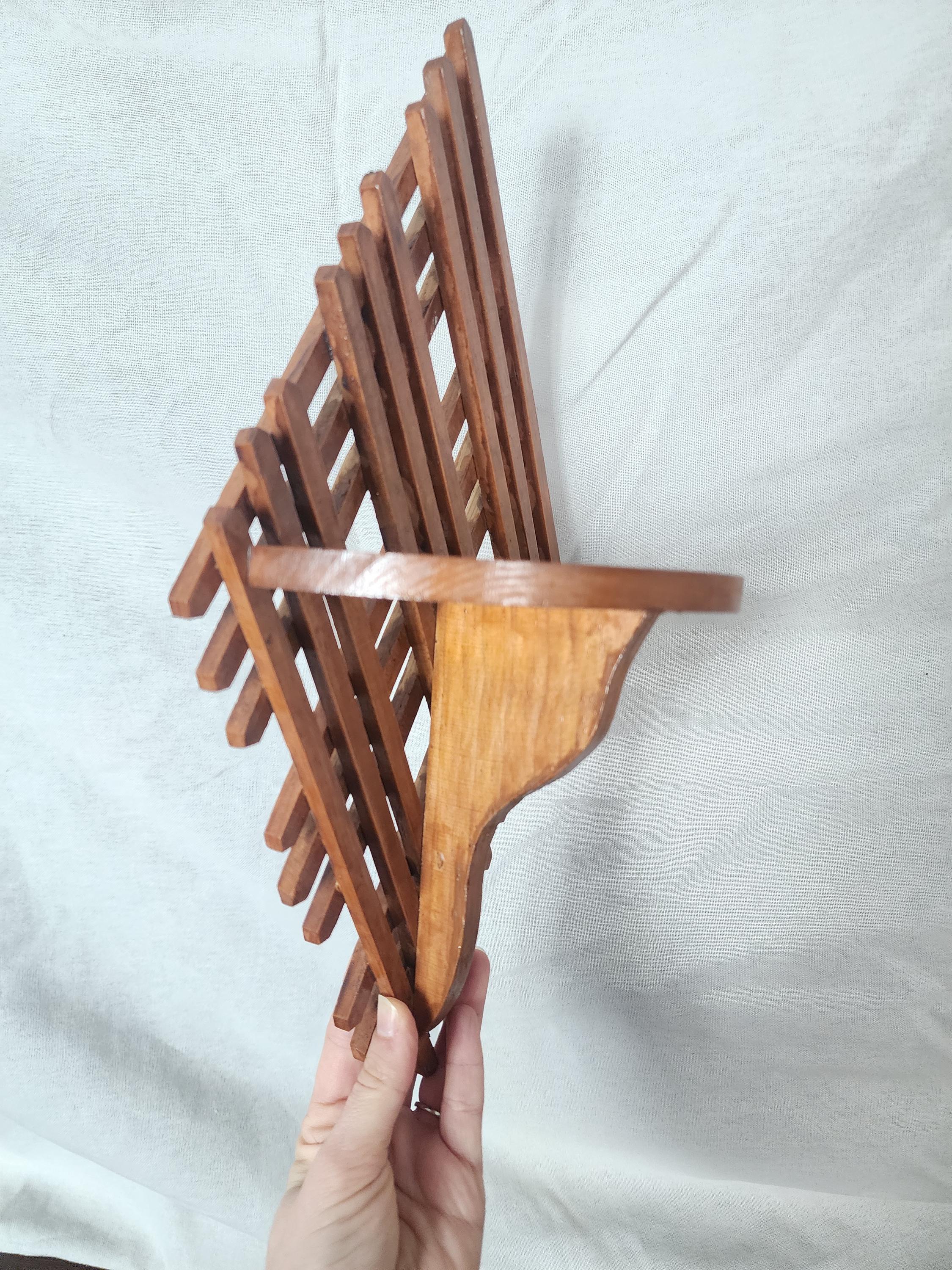 Vintage Wooden Wall Shelf | Handcrafted Lattice Wall Bracket | Mid-Century Scandinavian Folk Art Display Shelf