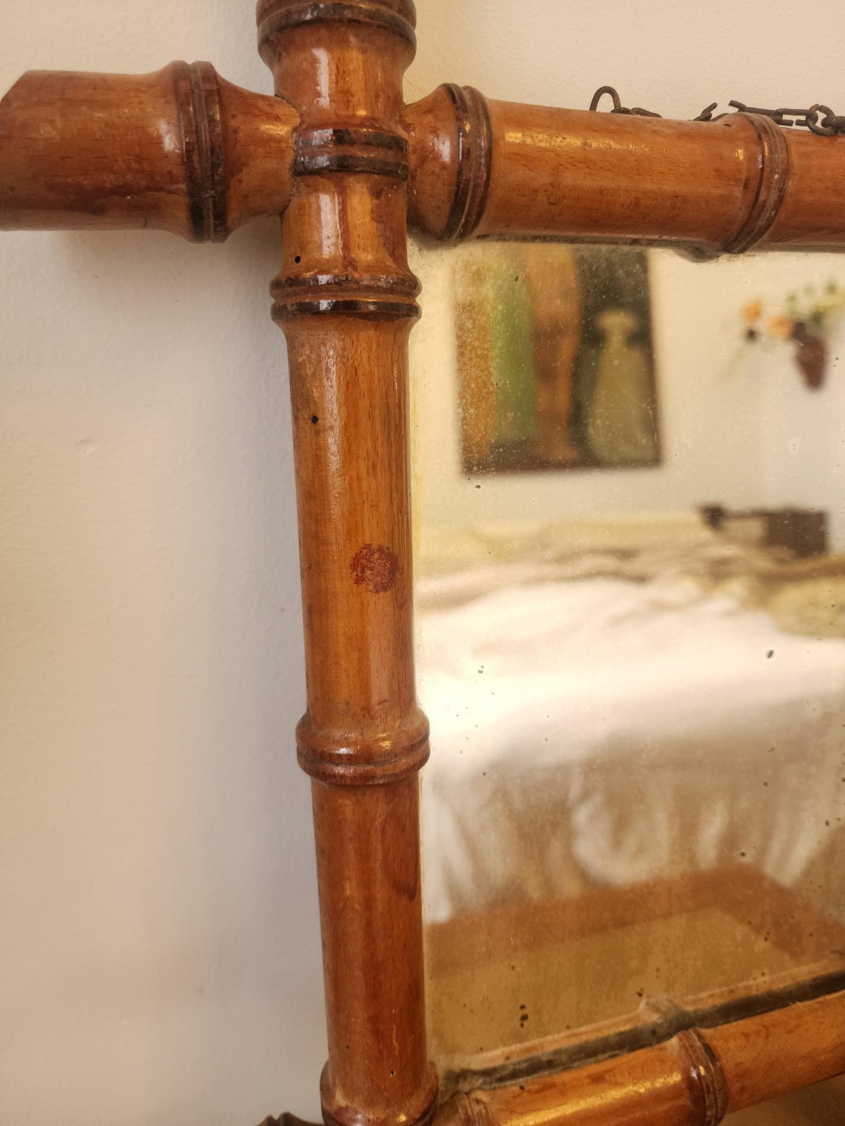Antique Faux Bamboo Mirror | 19th Century French Wall Mirror | Rectangular Wood Frame with Original Glass | Wabi Sabi Patina