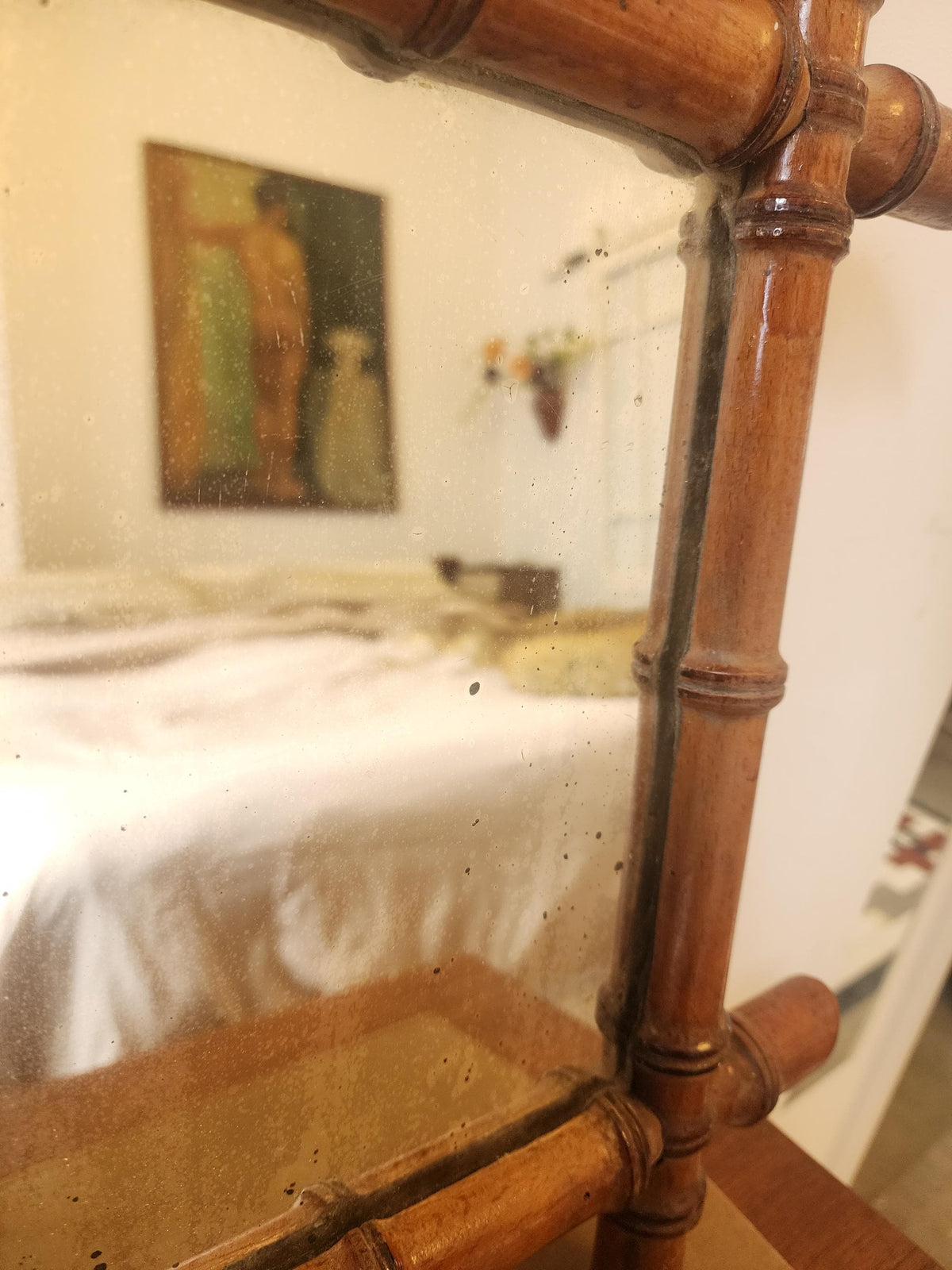 Antique Faux Bamboo Mirror | 19th Century French Wall Mirror | Rectangular Wood Frame with Original Glass | Wabi Sabi Patina