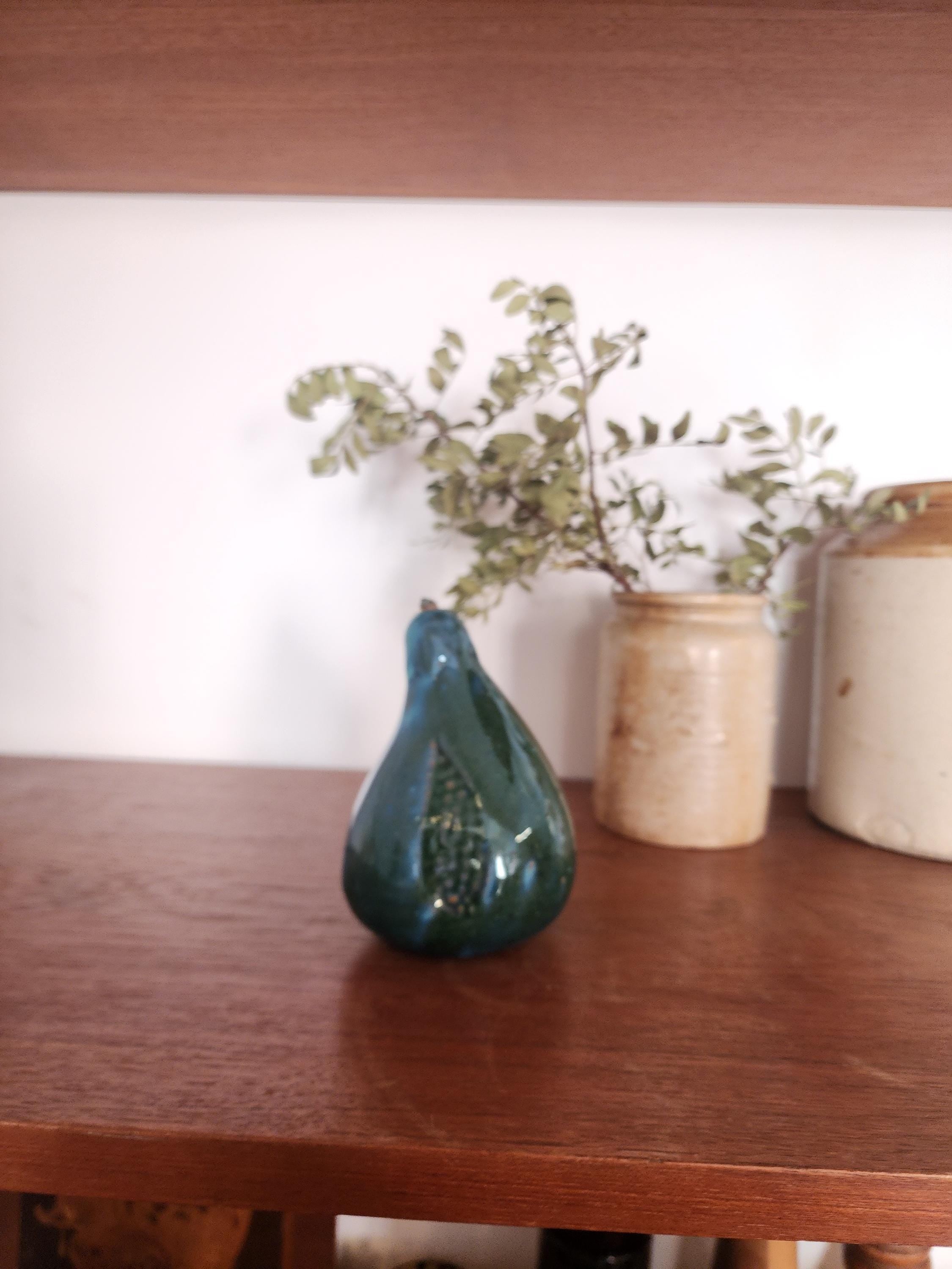 Mid Century Ceramic Pear | Green Blue Glazed Pottery Fruit Sculpture | Vintage Modernist Decor | European Studio Pottery