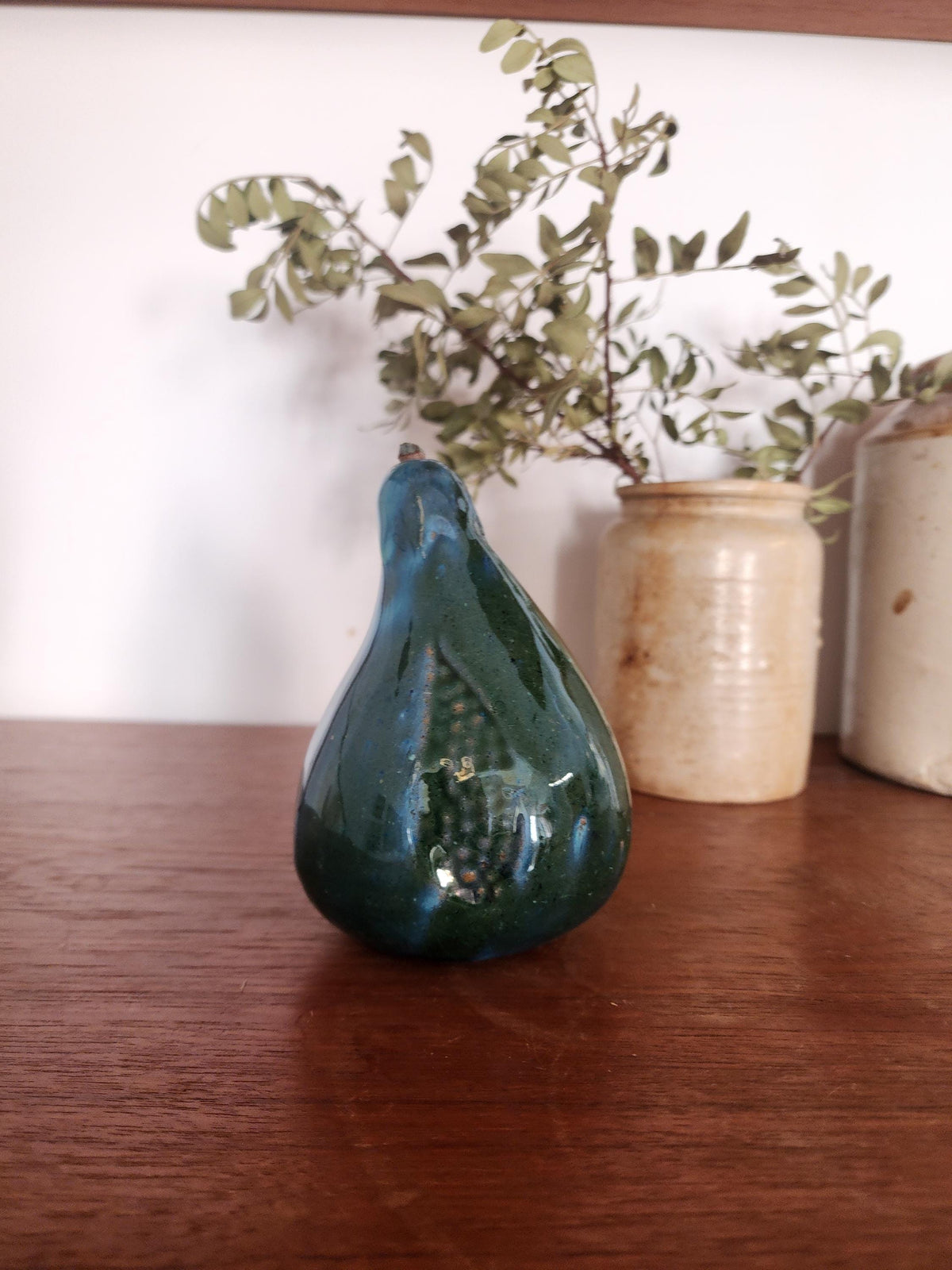 Mid Century Ceramic Pear | Green Blue Glazed Pottery Fruit Sculpture | Vintage Modernist Decor | European Studio Pottery