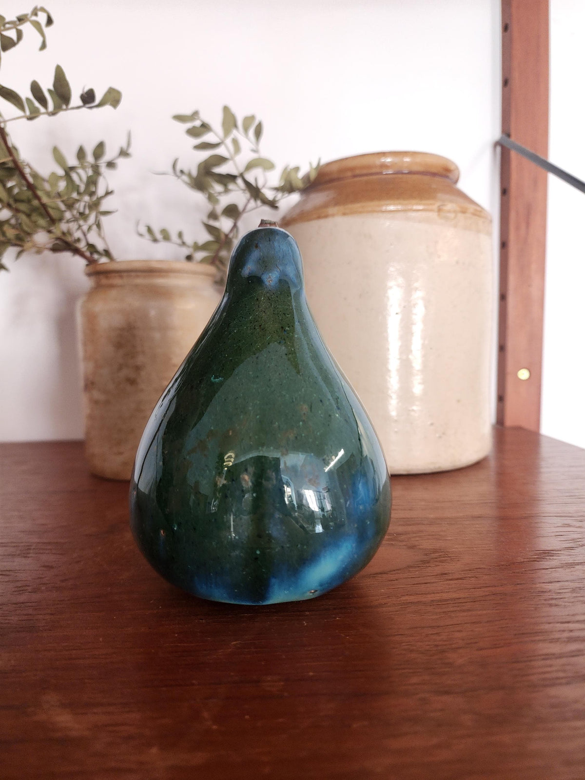 Mid Century Ceramic Pear | Green Blue Glazed Pottery Fruit Sculpture | Vintage Modernist Decor | European Studio Pottery