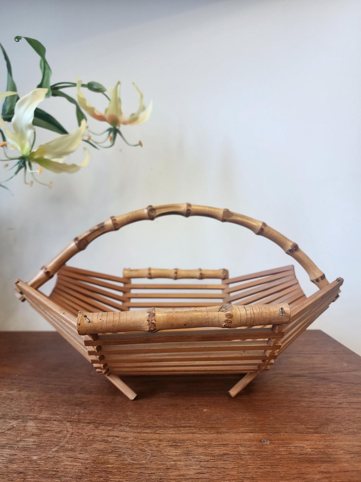 Vintage Bamboo Folding Baskets | Set of 2 Rattan Handled Trays | 1970s Mid Century Natural Decor | Fruit or Bread Basket