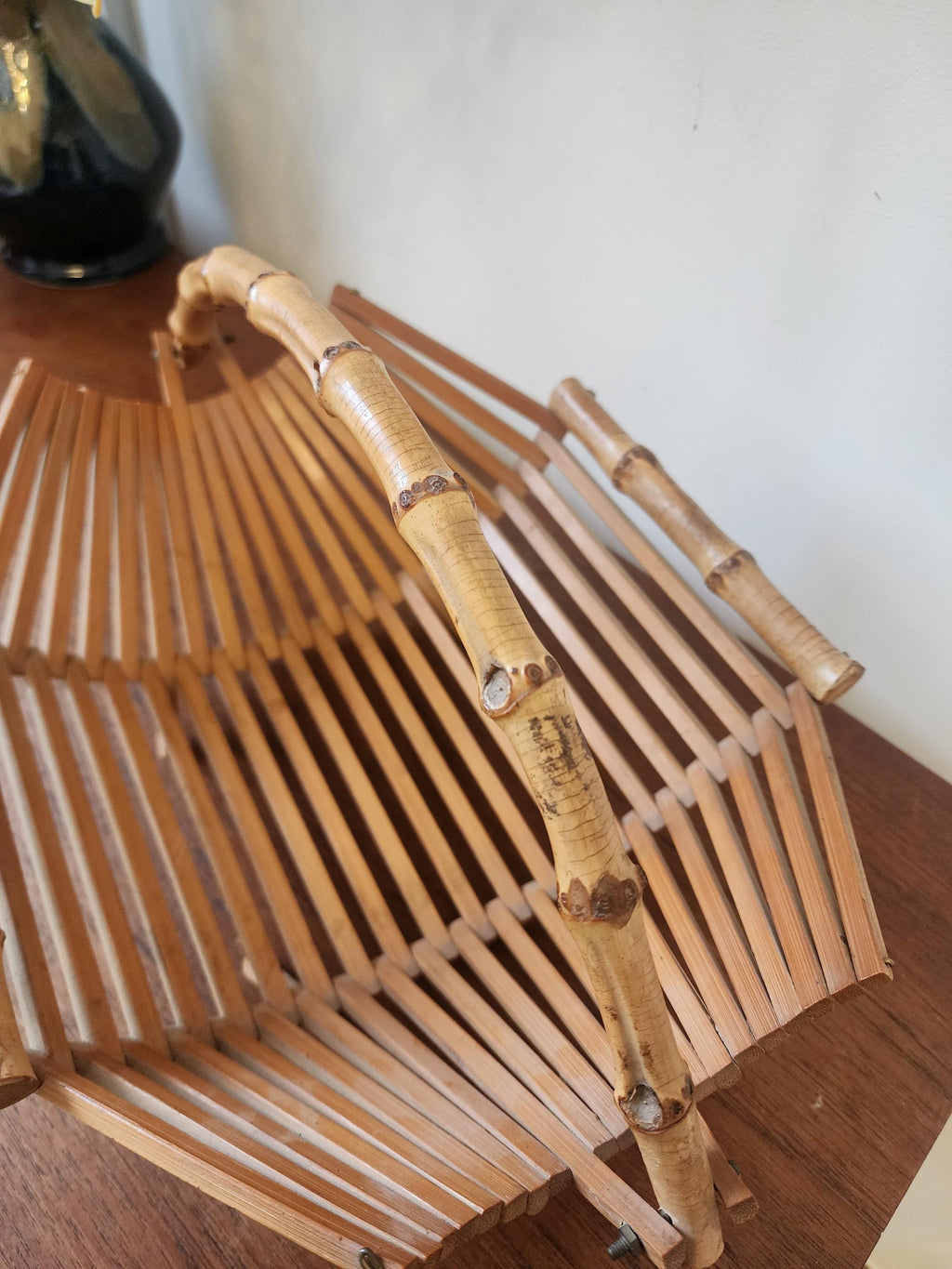 Vintage Bamboo Folding Baskets | Set of 2 Rattan Handled Trays | 1970s Mid Century Natural Decor | Fruit or Bread Basket