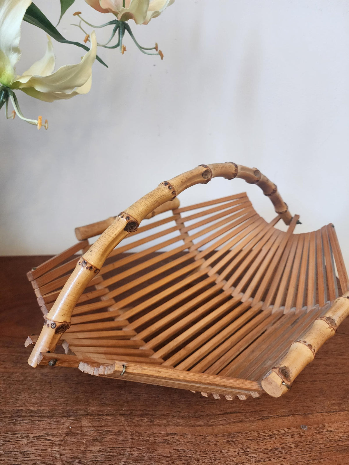 Vintage Bamboo Folding Baskets | Set of 2 Rattan Handled Trays | 1970s Mid Century Natural Decor | Fruit or Bread Basket