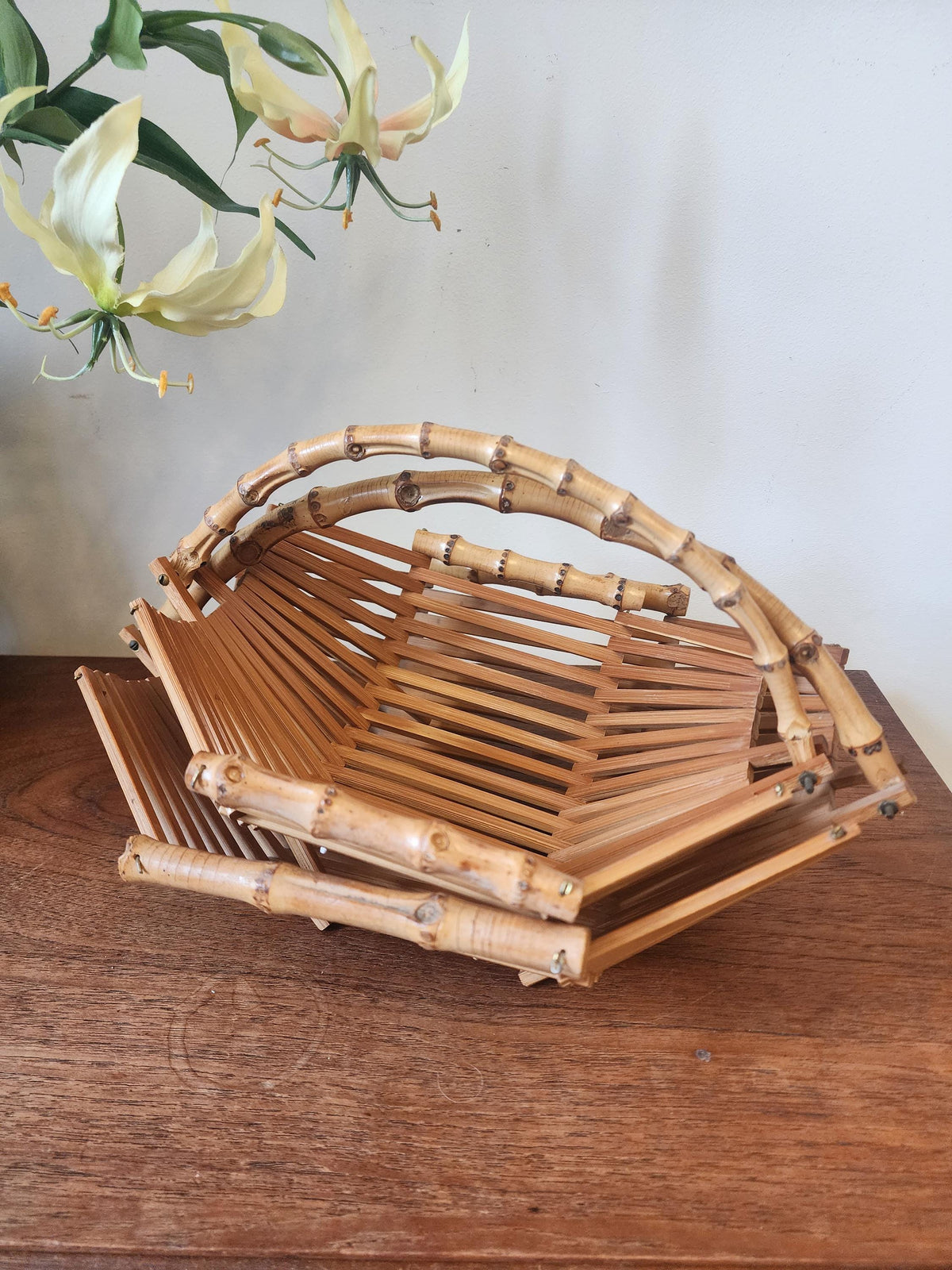 Vintage Bamboo Folding Baskets | Set of 2 Rattan Handled Trays | 1970s Mid Century Natural Decor | Fruit or Bread Basket