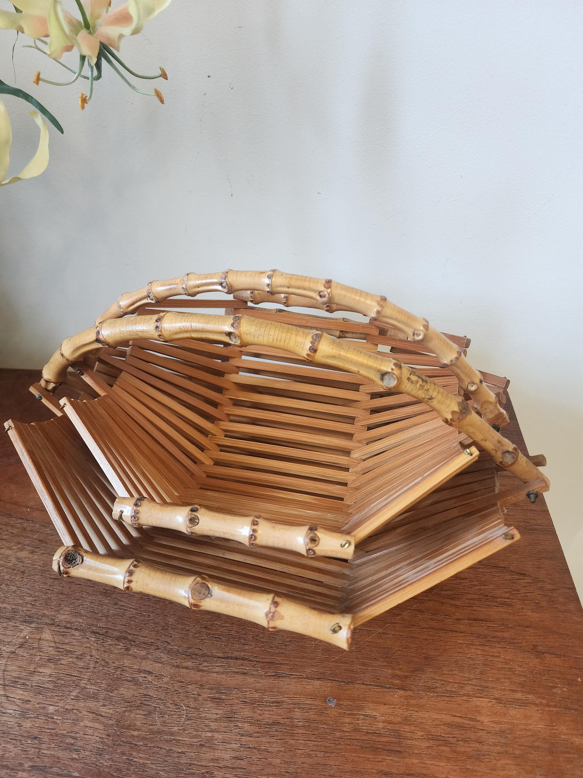 Vintage Bamboo Folding Baskets | Set of 2 Rattan Handled Trays | 1970s Mid Century Natural Decor | Fruit or Bread Basket