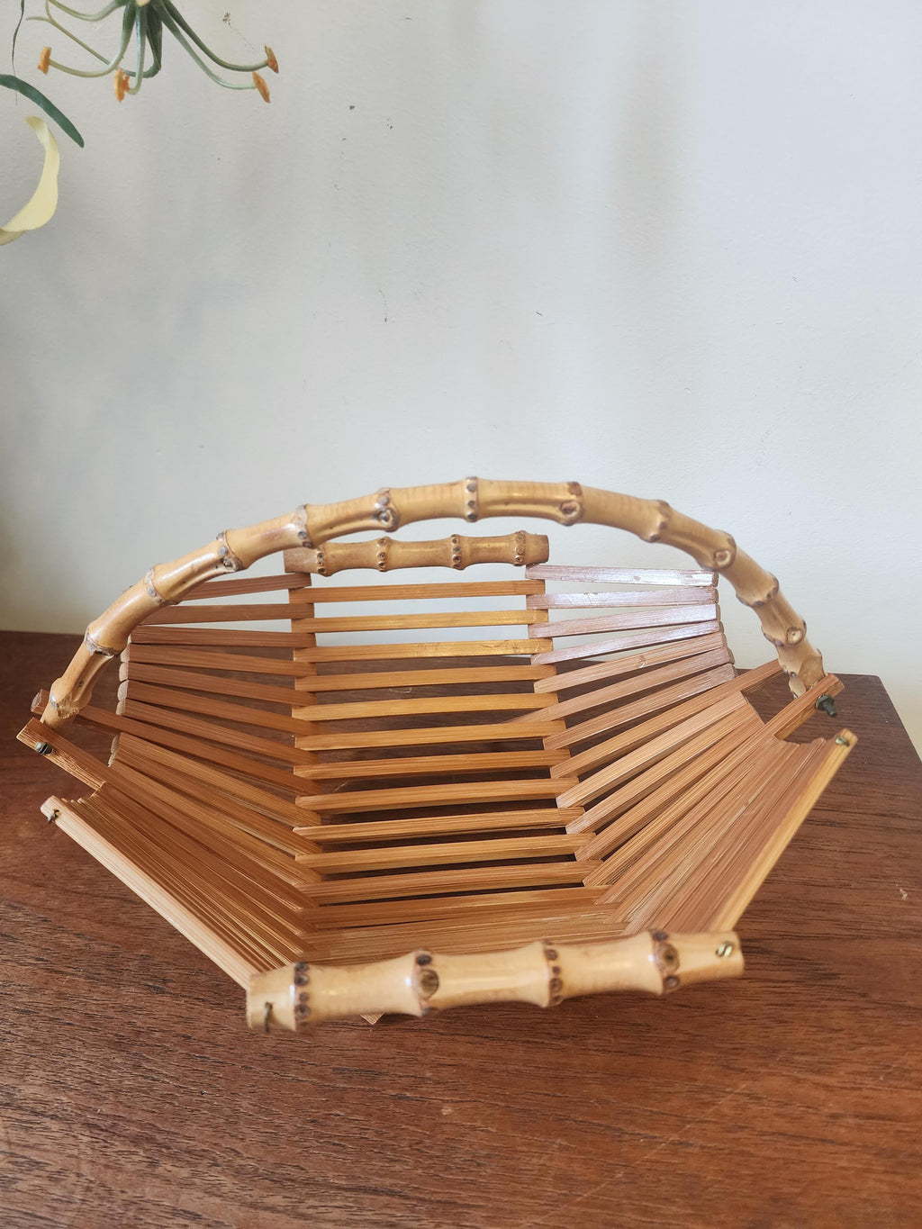Vintage Bamboo Folding Baskets | Set of 2 Rattan Handled Trays | 1970s Mid Century Natural Decor | Fruit or Bread Basket