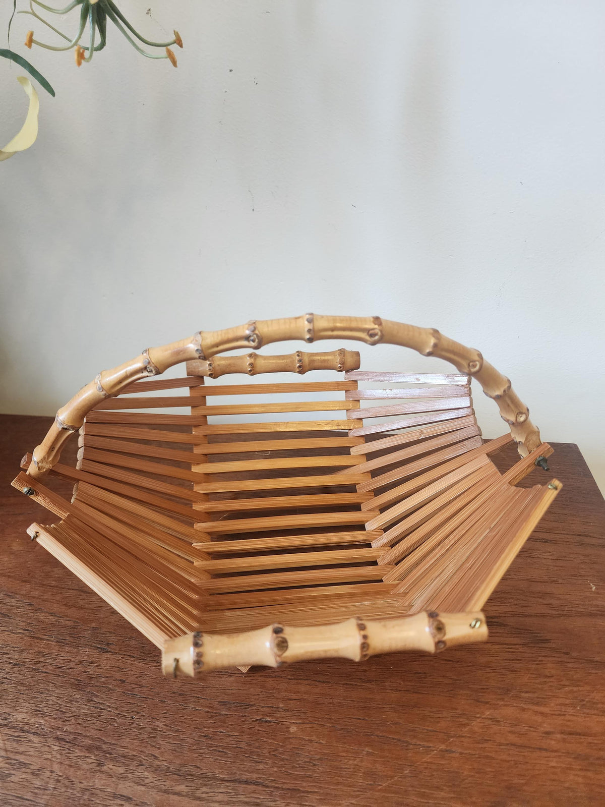 Vintage Bamboo Folding Baskets | Set of 2 Rattan Handled Trays | 1970s Mid Century Natural Decor | Fruit or Bread Basket