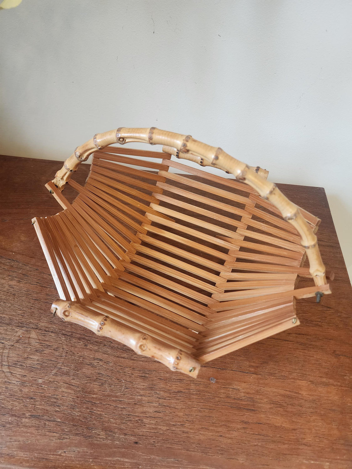 Vintage Bamboo Folding Baskets | Set of 2 Rattan Handled Trays | 1970s Mid Century Natural Decor | Fruit or Bread Basket
