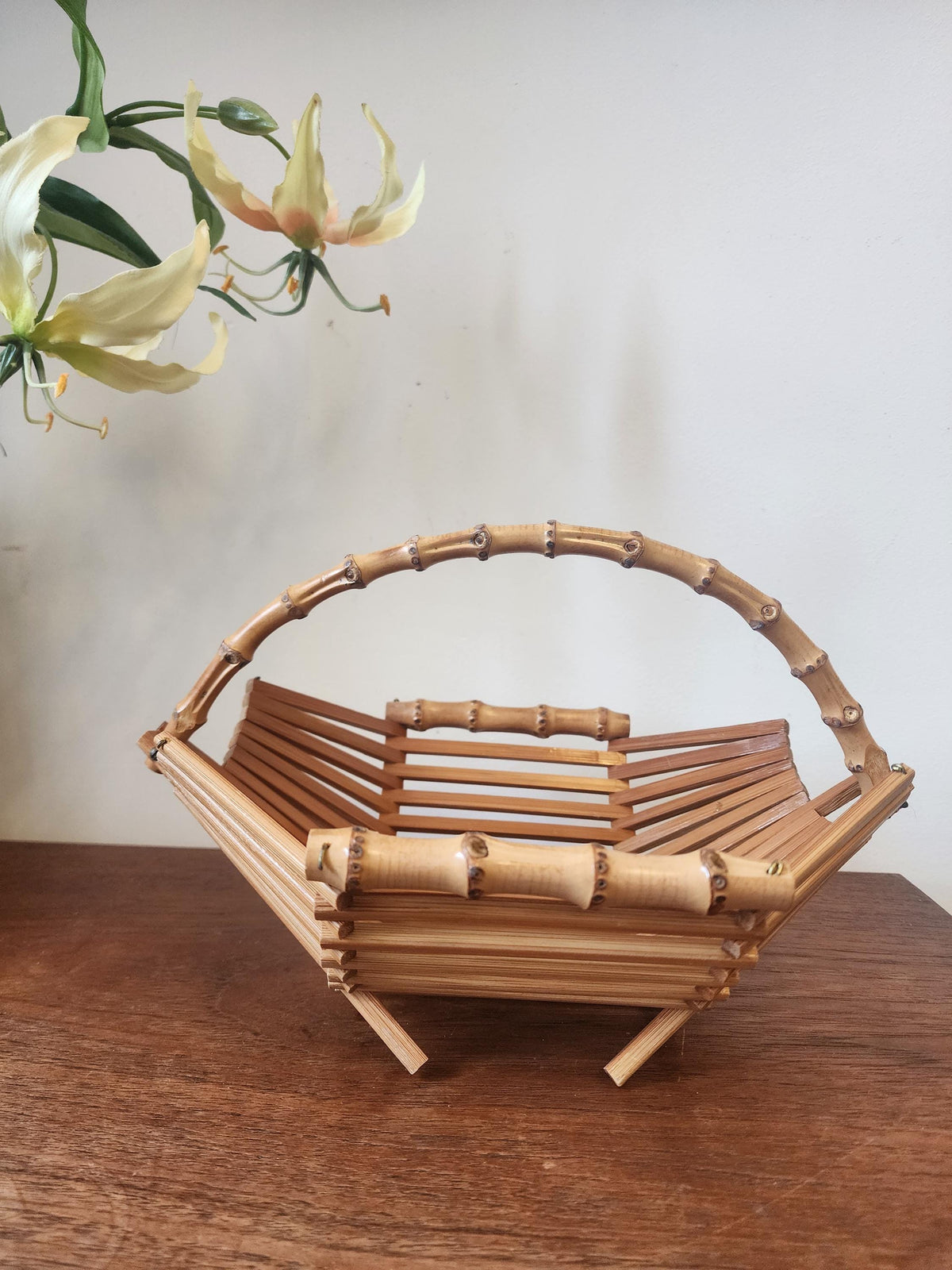 Vintage Bamboo Folding Baskets | Set of 2 Rattan Handled Trays | 1970s Mid Century Natural Decor | Fruit or Bread Basket