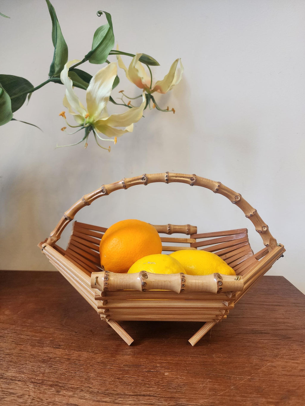 Vintage Bamboo Folding Baskets | Set of 2 Rattan Handled Trays | 1970s Mid Century Natural Decor | Fruit or Bread Basket