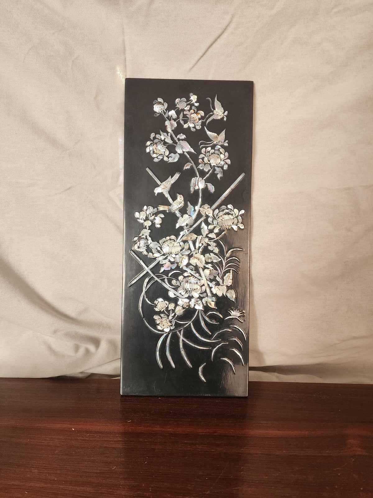 Vintage Mother of Pearl Inlaid Wall Art Black Lacquer Asian Floral Bird Panel Chinoiserie Decor Organic Modern Art