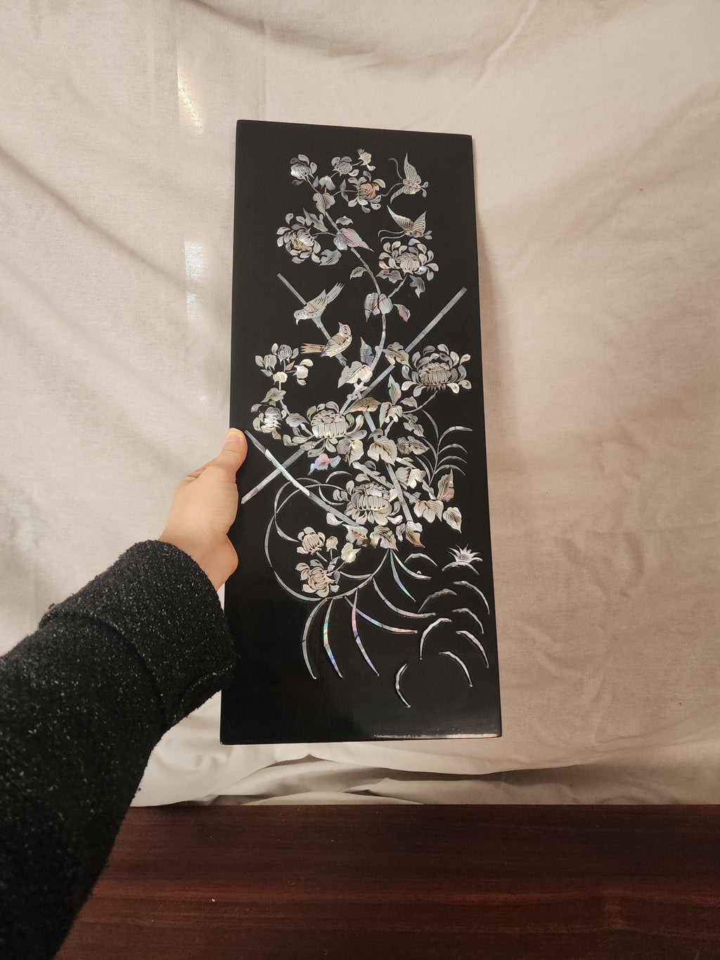 Vintage Mother of Pearl Inlaid Wall Art Black Lacquer Asian Floral Bird Panel Chinoiserie Decor Organic Modern Art