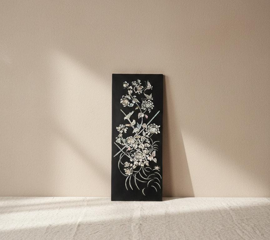 Vintage Mother of Pearl Inlaid Wall Art Black Lacquer Asian Floral Bird Panel Chinoiserie Decor Organic Modern Art