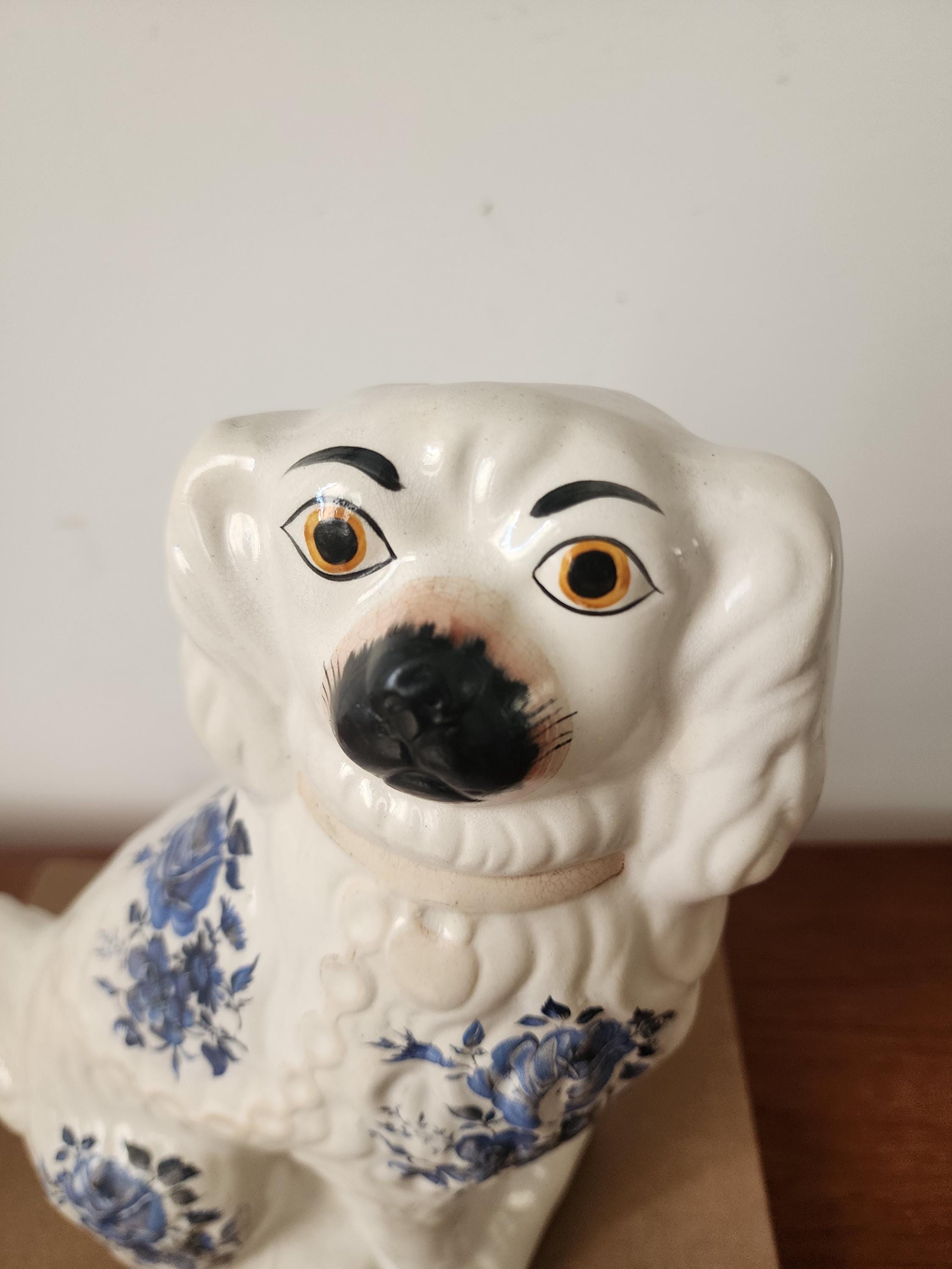 Vintage Staffordshire Style Dog Figurine Blue Transferware Ceramic Spaniel Cottagecore Decor 11 Inch tall