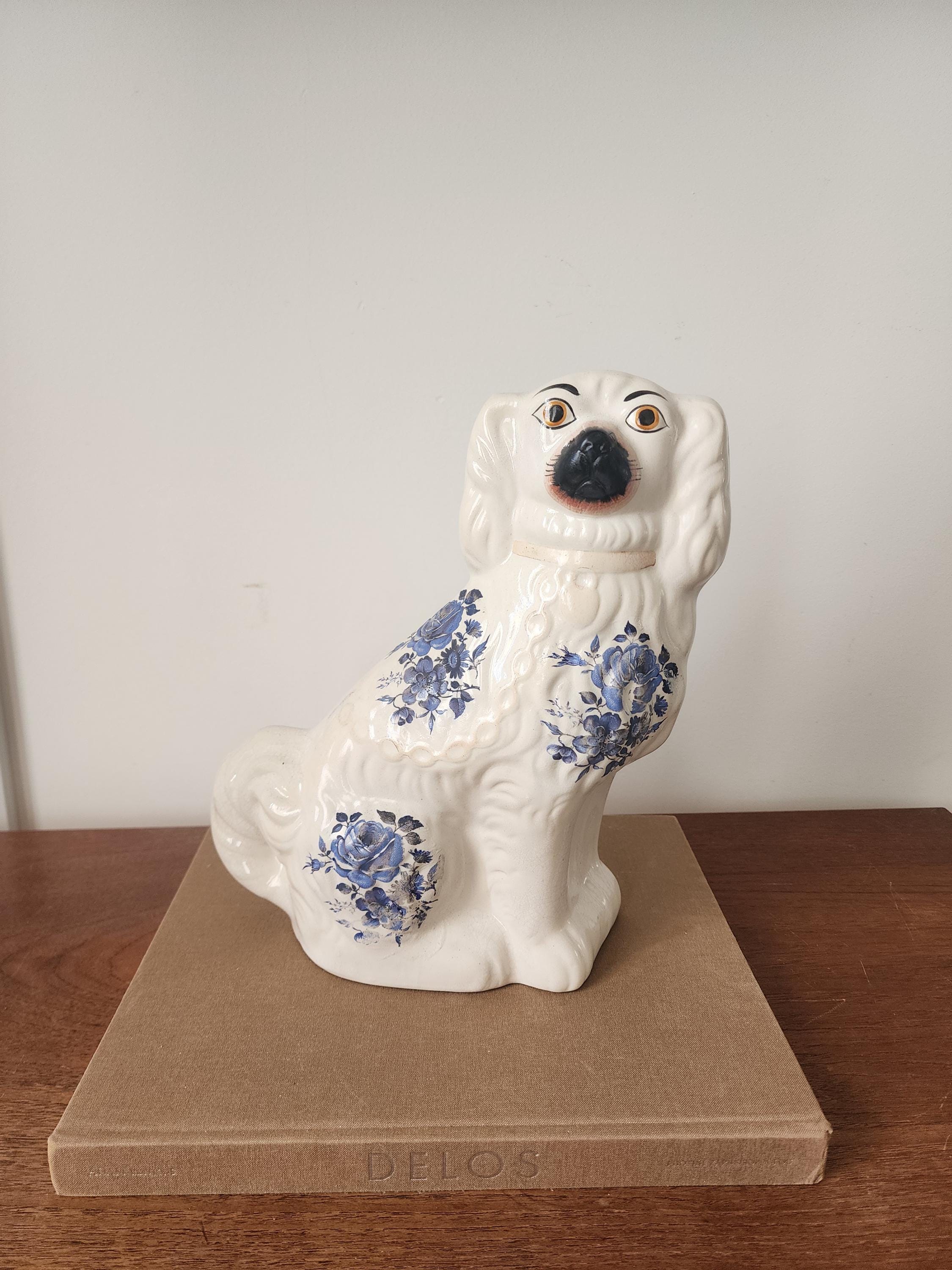 Vintage Staffordshire Style Dog Figurine Blue Transferware Ceramic Spaniel Cottagecore Decor 11 Inch tall