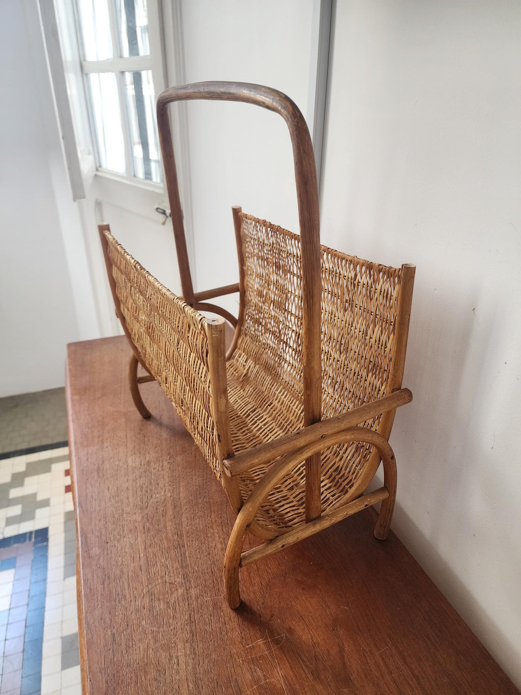 Mid Century Modern Bamboo Rattan Magazine Rack Boho Wicker Newspaper Holder Stand Vintage MCM Bentwood Scandinavian Japandi Decor