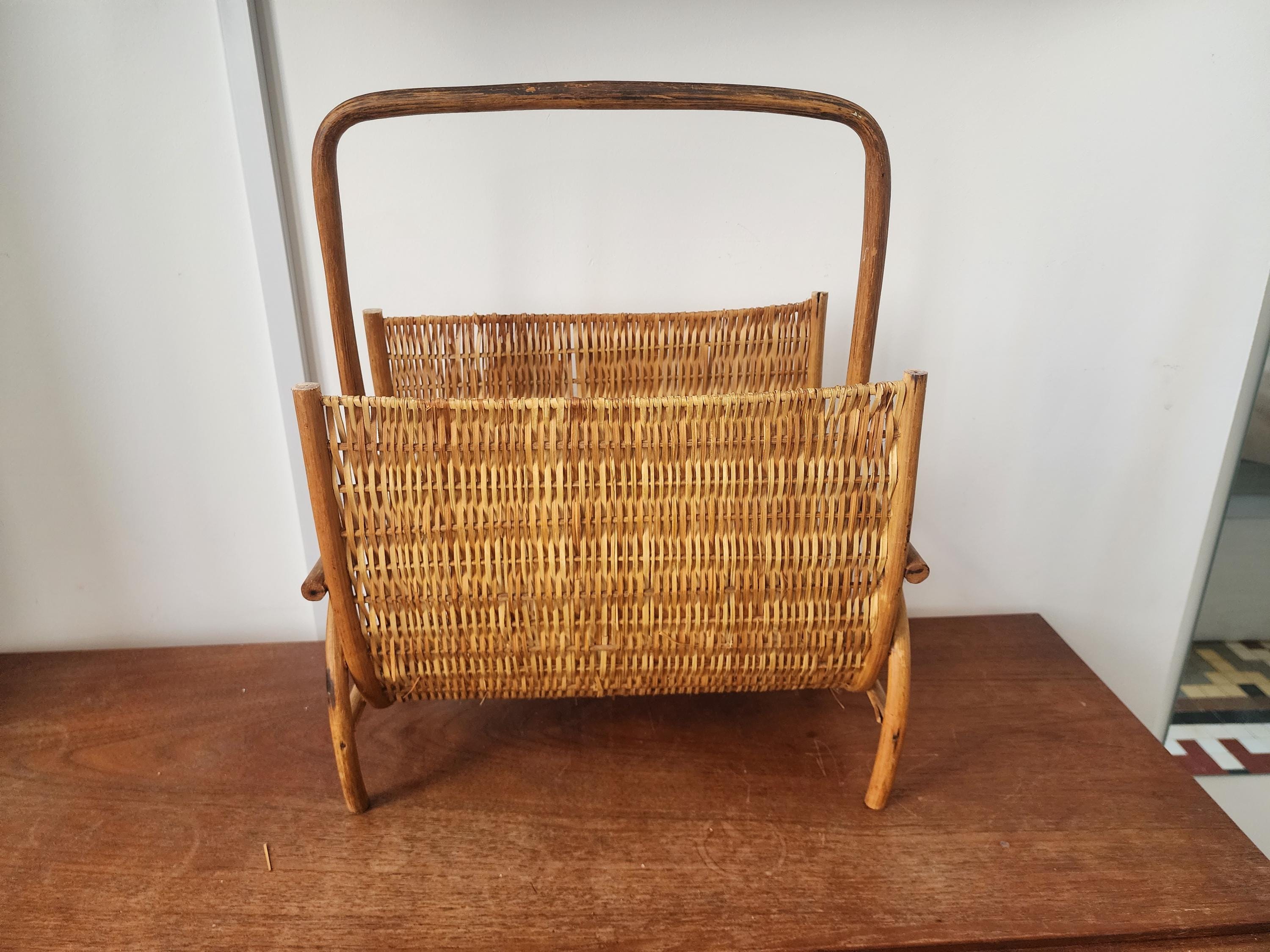 Mid Century Modern Bamboo Rattan Magazine Rack Boho Wicker Newspaper Holder Stand Vintage MCM Bentwood Scandinavian Japandi Decor