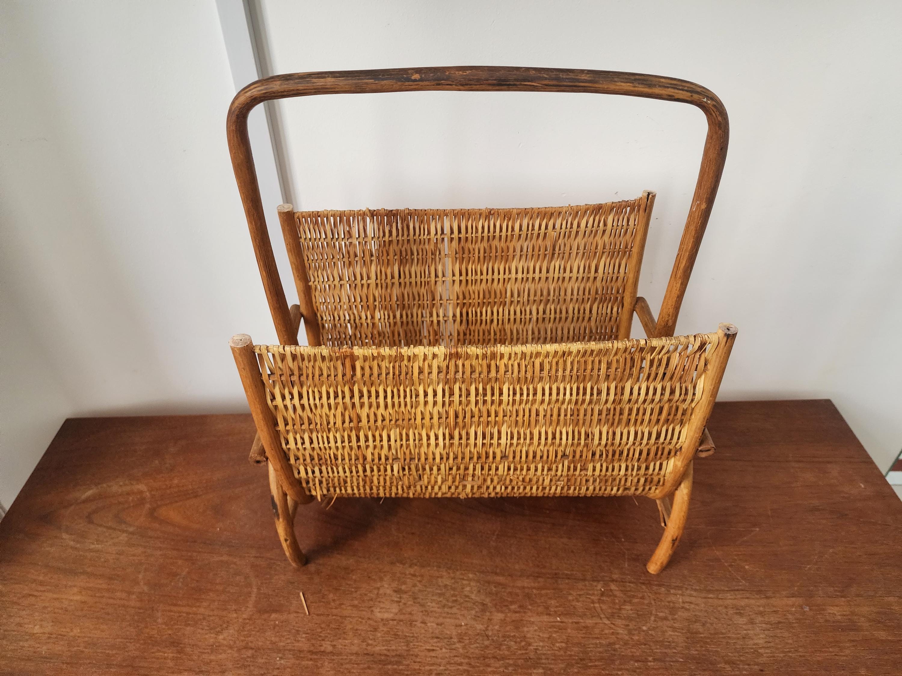Mid Century Modern Bamboo Rattan Magazine Rack Boho Wicker Newspaper Holder Stand Vintage MCM Bentwood Scandinavian Japandi Decor