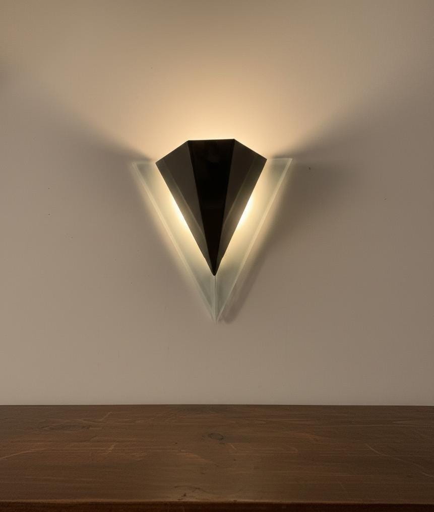 Geometric Triangle Wall Light, Modern Art Deco Glass Sconce, Smoked Black & Frosted Glass, Architectural Lighting