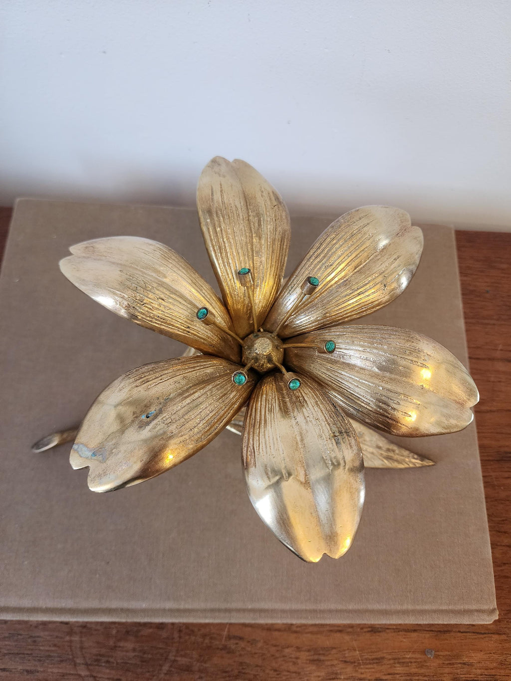Vintage Italian Gilt Brass Flower Candle Holder Hollywood Regency Floral Centerpiece Gold Metal Lily Sculpture Decor