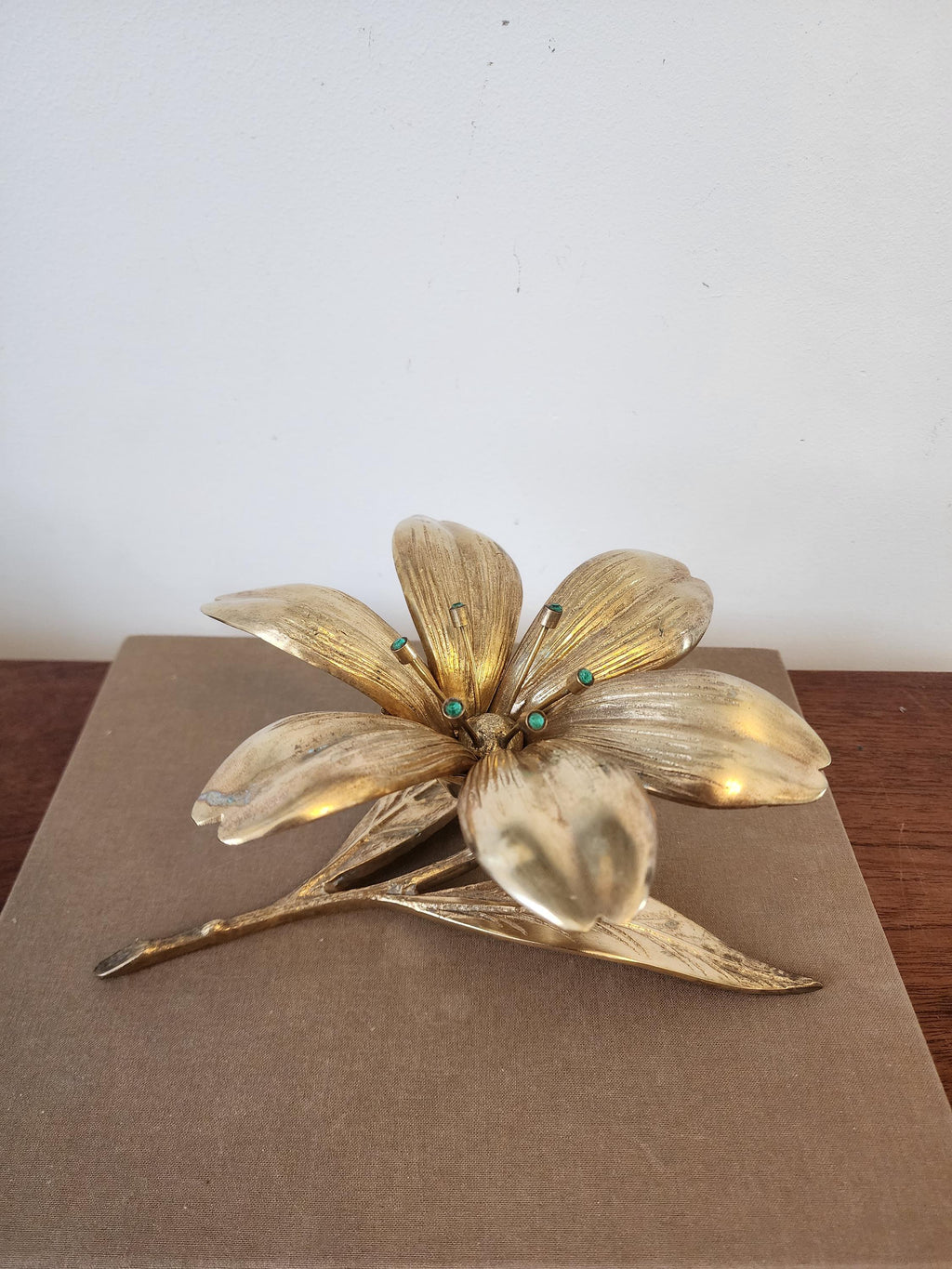 Vintage Italian Gilt Brass Flower Candle Holder Hollywood Regency Floral Centerpiece Gold Metal Lily Sculpture Decor