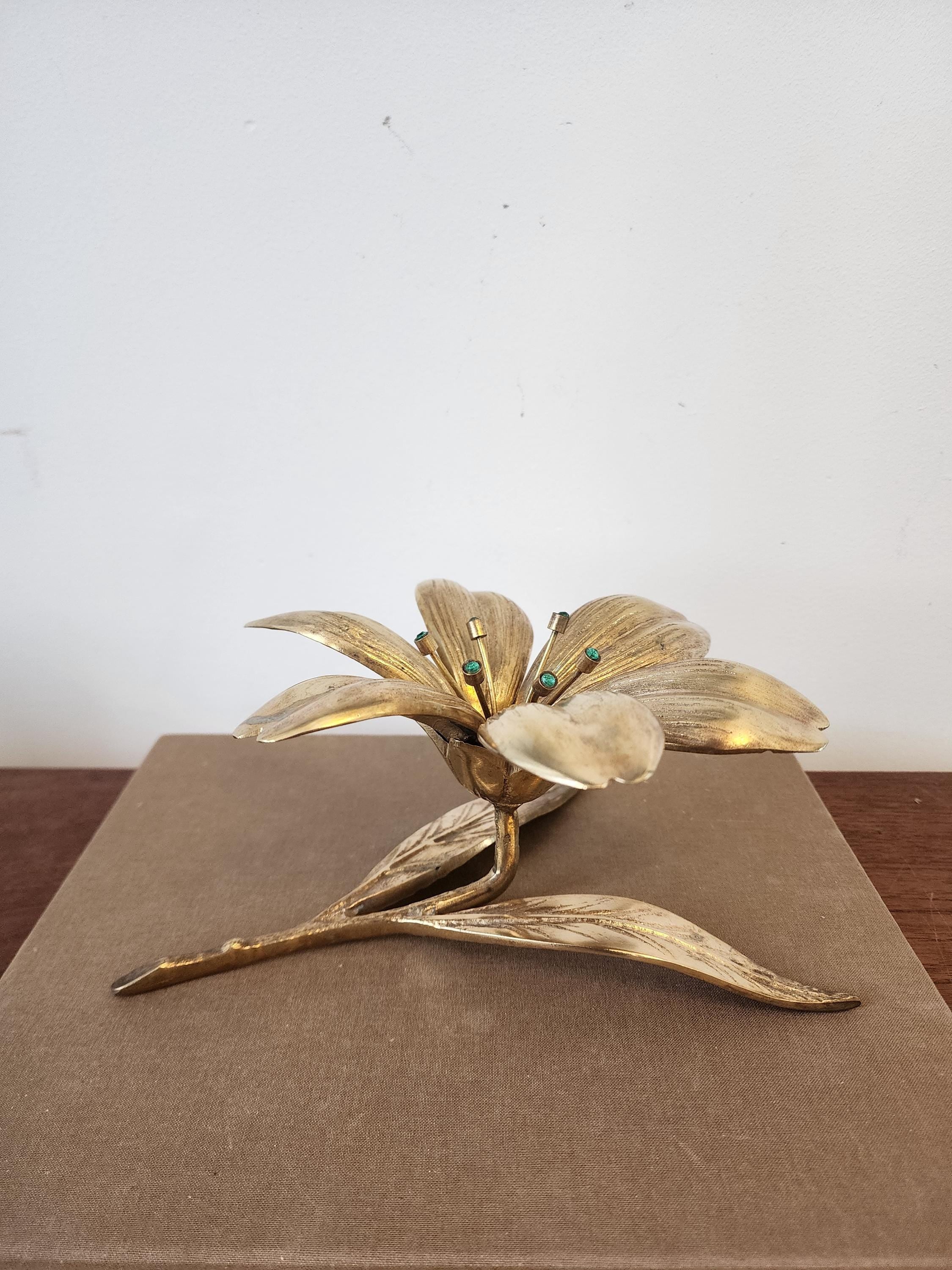 Vintage Italian Gilt Brass Flower Candle Holder Hollywood Regency Floral Centerpiece Gold Metal Lily Sculpture Decor