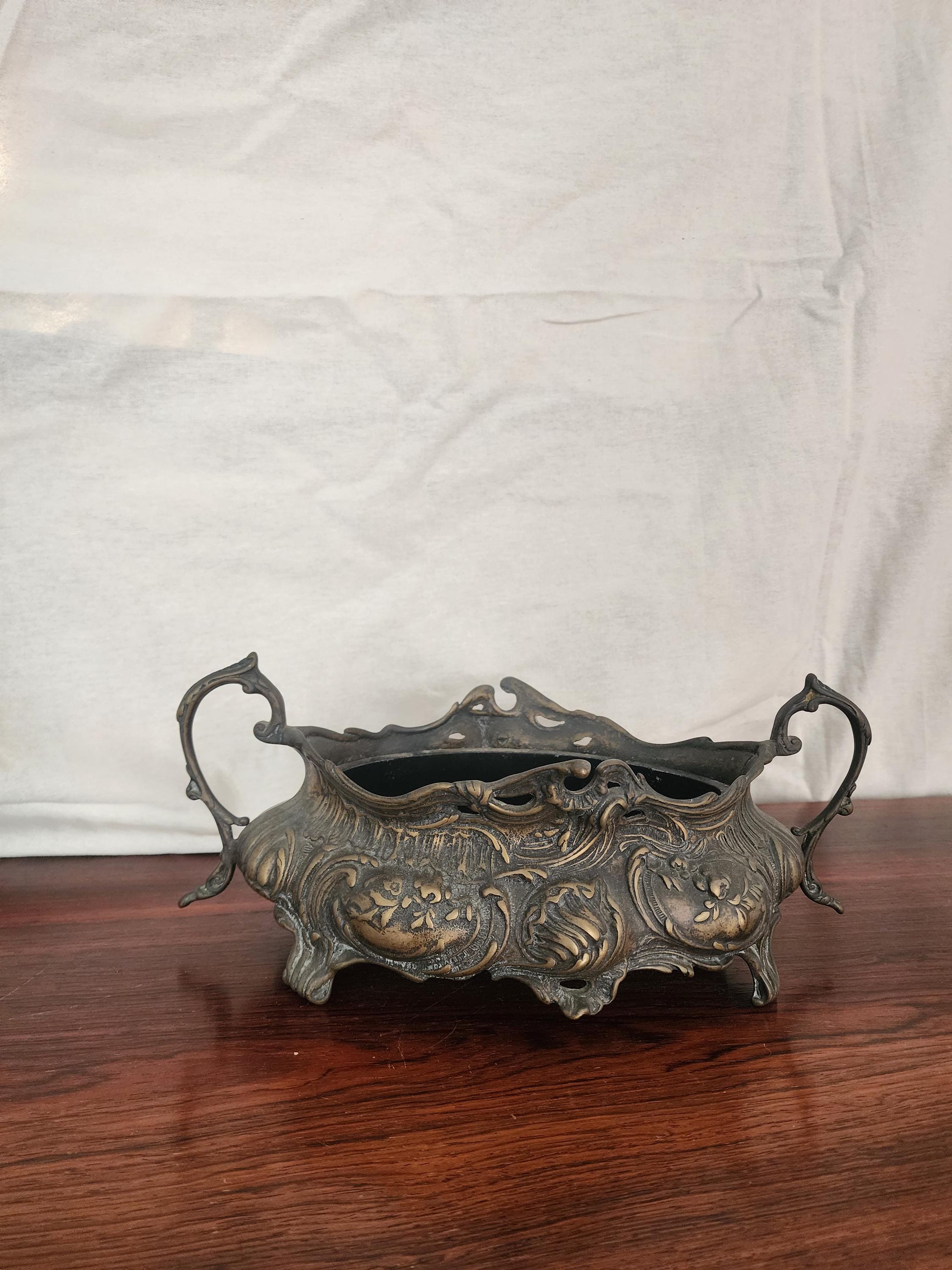 Antique French Art Nouveau Jardinière | Ornate Cast Metal Centerpiece with Liner | Floral Rococo Revival Planter