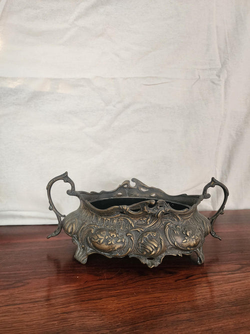 Antique French Art Nouveau Jardinière | Ornate Cast Metal Centerpiece with Liner | Floral Rococo Revival Planter