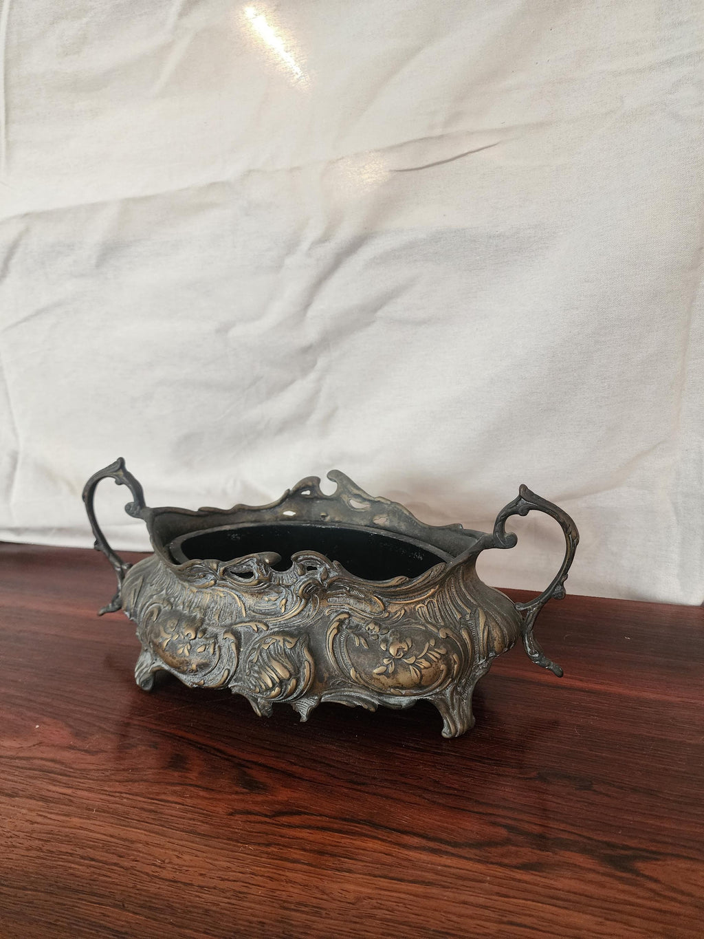 Antique French Art Nouveau Jardinière | Ornate Cast Metal Centerpiece with Liner | Floral Rococo Revival Planter