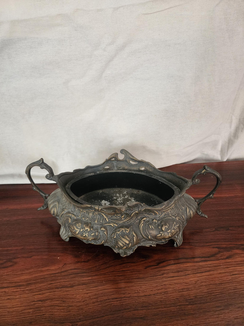 Antique French Art Nouveau Jardinière | Ornate Cast Metal Centerpiece with Liner | Floral Rococo Revival Planter