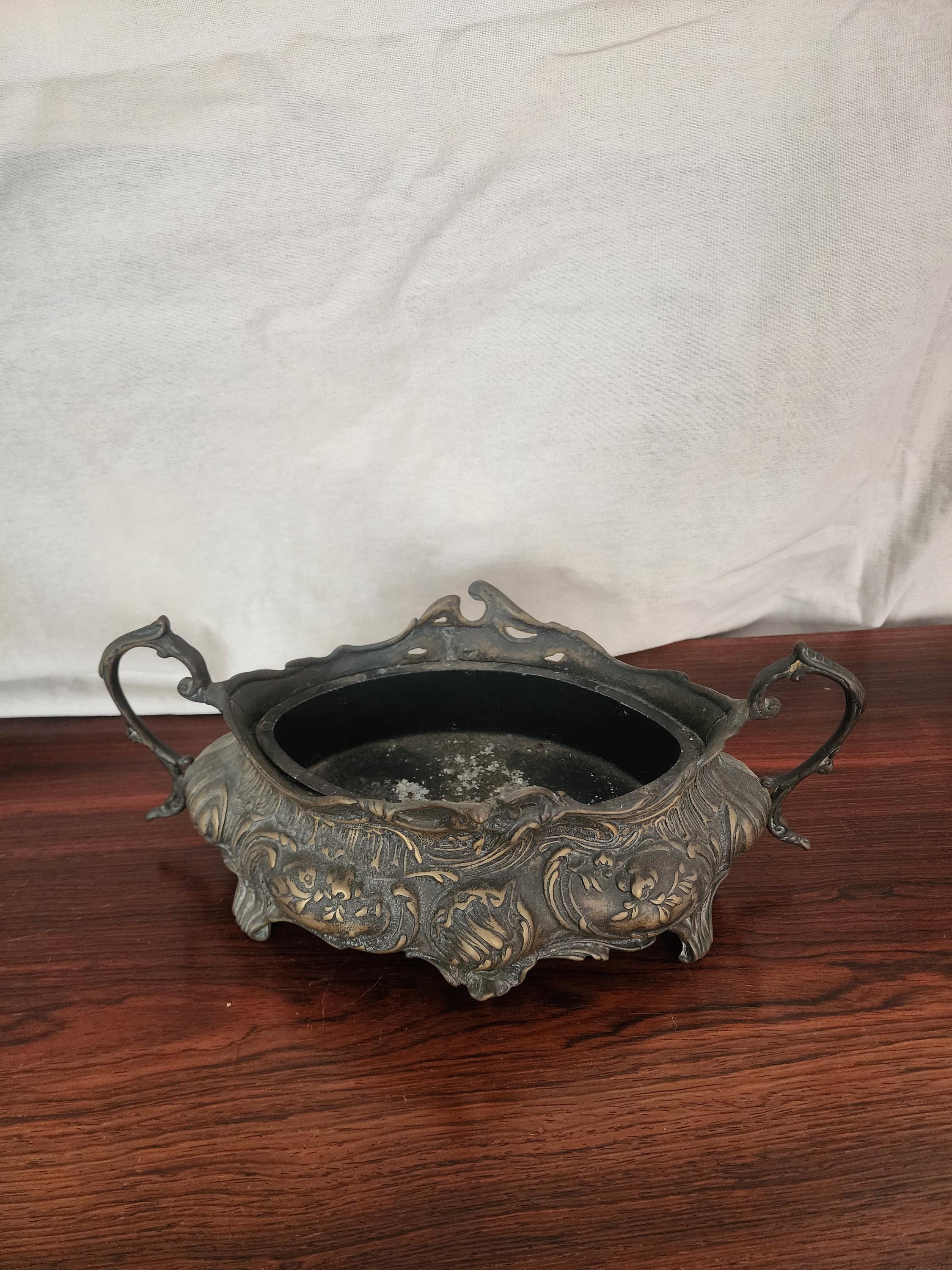 Antique French Art Nouveau Jardinière | Ornate Cast Metal Centerpiece with Liner | Floral Rococo Revival Planter