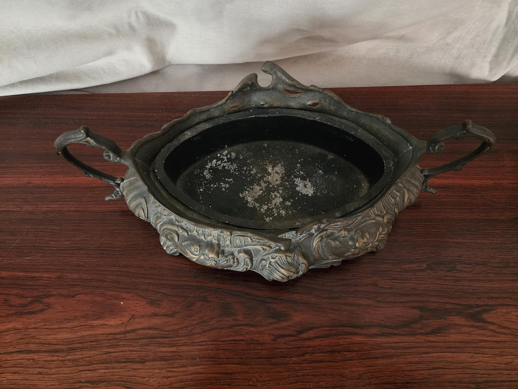 Antique French Art Nouveau Jardinière | Ornate Cast Metal Centerpiece with Liner | Floral Rococo Revival Planter