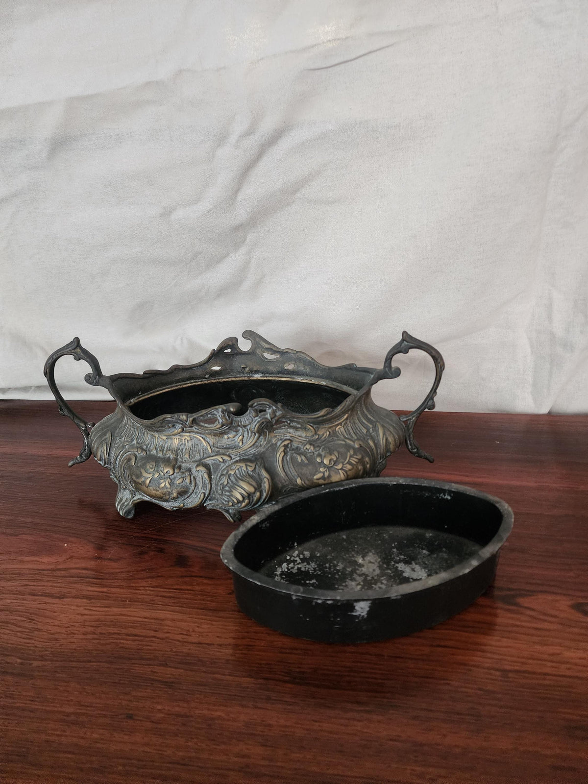 Antique French Art Nouveau Jardinière | Ornate Cast Metal Centerpiece with Liner | Floral Rococo Revival Planter